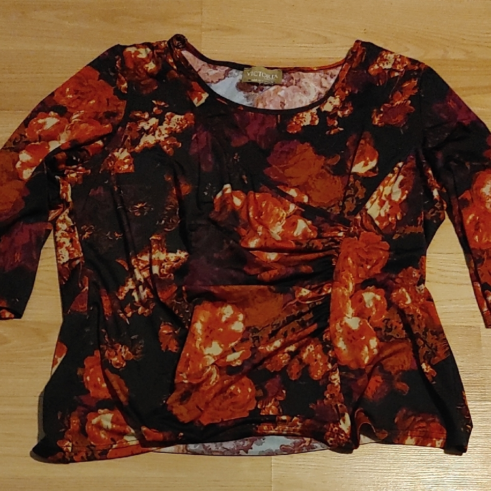 Vintage Women's Floral Top - Black and Orange Pink Brown Sz Lg